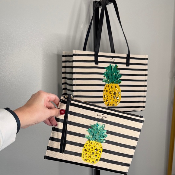 Kate Spade New York By The Pool Pineapple Embellished Canvas Tote and Wristlet - Picture 3 of 8